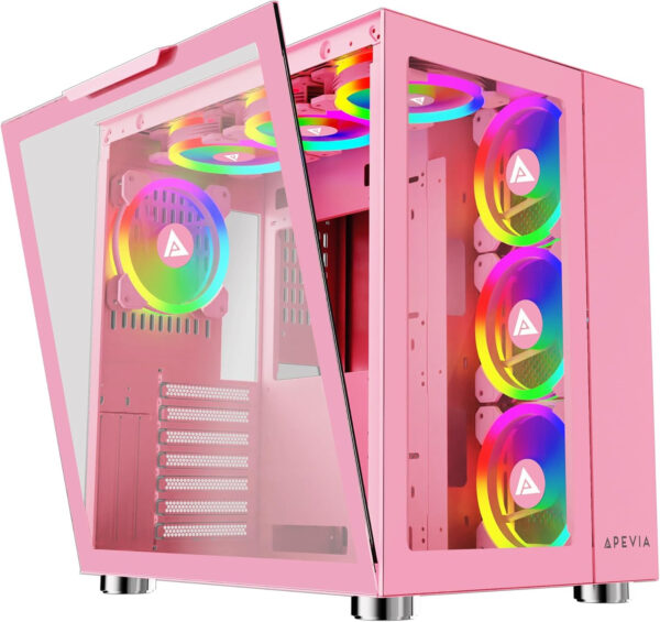 Apevia Prism-Elite-PK Prism Elite Mid Tower ATX Gaming PC Cube Case w/ 7X 120mm PWM ARGB Fans, 366 RGB Modes, Dual Tempered Glass Panels, 360mm Radiator Support, 2X USB3.0, 2X USB 2.0, Pink