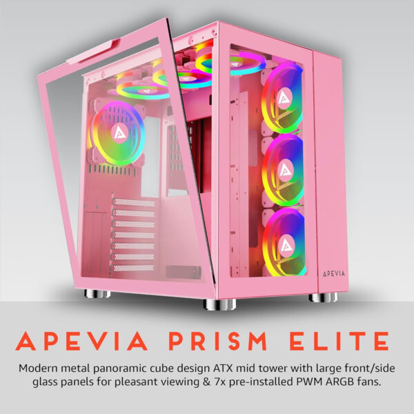 Apevia Prism-Elite-PK Prism Elite Mid Tower ATX Gaming PC Cube Case w/ 7X 120mm PWM ARGB Fans, 366 RGB Modes, Dual Tempered Glass Panels, 360mm Radiator Support, 2X USB3.0, 2X USB 2.0, Pink