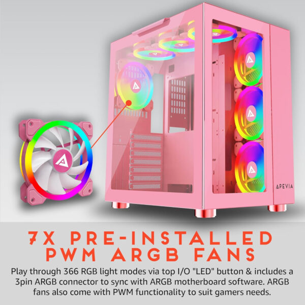 Apevia Prism-Elite-PK Prism Elite Mid Tower ATX Gaming PC Cube Case w/ 7X 120mm PWM ARGB Fans, 366 RGB Modes, Dual Tempered Glass Panels, 360mm Radiator Support, 2X USB3.0, 2X USB 2.0, Pink