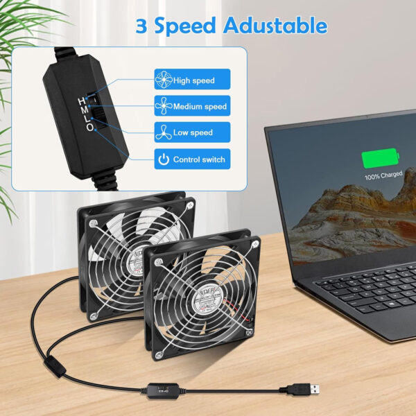 120mm Computer Case 5V USB Powered Fan, Small Silent Flat Cooler with Speed Controller for Receiver/Router/Electronic Equipment（2-in-1 Pack）