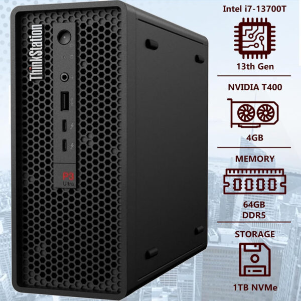 Lenovo ThinkStation P3 Ultra Small Form Factor i7-13700T, 64GB DDR5, 1TB NVMe, T400 4GB Graphics, WiFi 6 + BT, RJ-45, 3X miniDP, 3X DP Port (6 Monitor max), Win 11 Pro, 3YR, Business Desktop