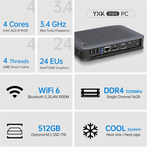 Yxk S15 UItra Mini PC,12th Gen Alder Lake- N100(up to 3.4GHz), 16GB DDR4 RAM 512GB M.2 SSD, Desktop Computer Support 4K Dual Display/USB3.2/WiFi 6/BT5.2 or Gigabit Ethernet for Home/Office