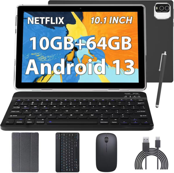 10.1 inch Android 13 Tablet, 10GB RAM 64GB ROM 1TB Expand Tablet, 2 in 1 Tablets with Keyboard Case Mouse Stylus, 1.8GHz Quad-core, 1280*800 IPS Touch Screen, 8MP Dual Camera, 5G WiFi 6 BT 5.0 Tablet