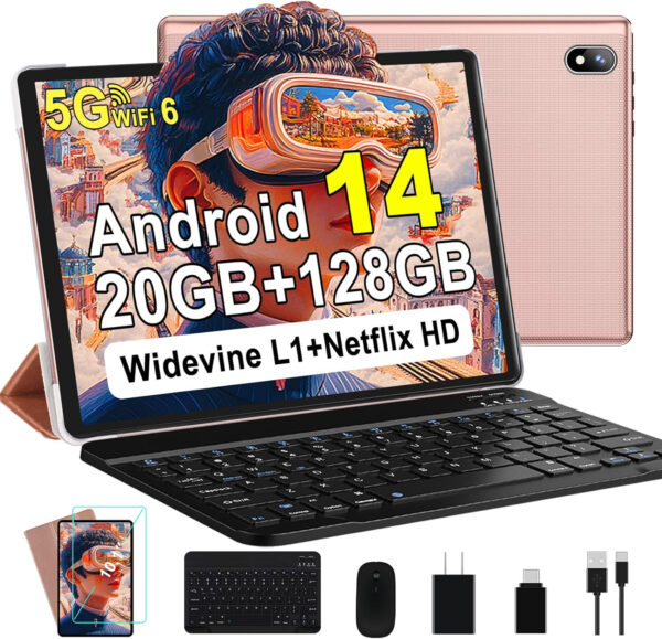 Android 14 Tablet, 128GB+20GB/1TB Expandable, 10.1 Inch Tablets with WiFi 6, Octa-Core, Bluetooth 5.0, Dual 5MP+8MP Camera, Android Tablet with Keyboard Mouse – Rose Gold