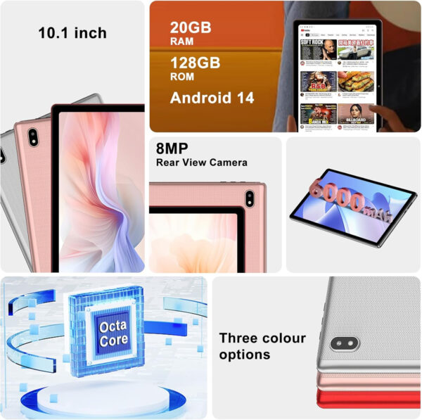 Android 14 Tablet, 128GB+20GB/1TB Expandable, 10.1 Inch Tablets with WiFi 6, Octa-Core, Bluetooth 5.0, Dual 5MP+8MP Camera, Android Tablet with Keyboard Mouse – Rose Gold