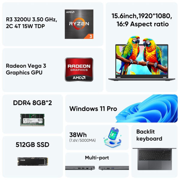 15.6″ 2-in-1 Laptop | 16GB DDR4 RAM 512GB Storage | AMD Ryzen 3 3200U (up to 3.5GHz) | AMD Radeon Vega 3 | FHD Touchscreen | Windows 11 Pro | Wi-Fi 5 | BT5.1 | RJ45 | Backlit Keyboard, Gray