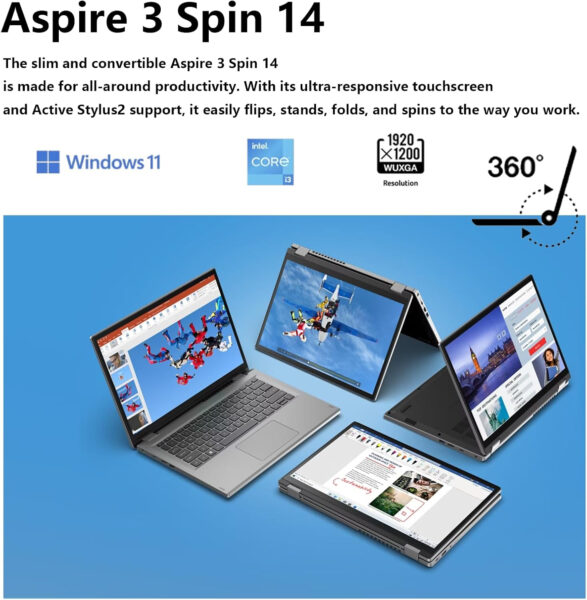 acer Aspire 3 Spin 14” Convertible Laptop, WUXGA 1920 x 1200 IPS Touch Display, Touchscreen 2-in-1 Laptop, Intel Core i3-N305 8GB LPDDR5 RAM 256GB SSD, Wi-Fi 6, Windows 11 Home, Pure Silver