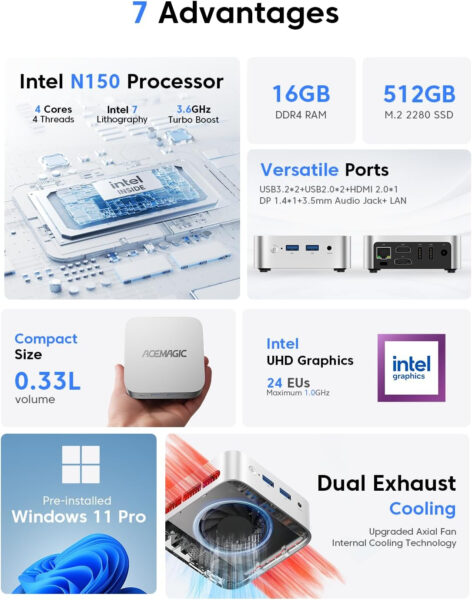 ACEMAGIC N150 Vista Mini PC V1, Twin Lake-N N150(Beat N100/N95, up to 3.6GHz), 16GB DDR4 RAM 512 SSD Mini Computers, Windows 11 Pro Desktop 4K Dual Display/HDMI/WiFi/BT/LAN for Home/Office