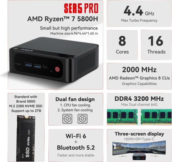 Beelink Mini PC SER5 Pro 5800H, AMD Ryzen 7 5800H(Up to 4.4GHz), 16GB DDR4 1TB M.2 PCIe3.0 SSD High-Performance Mini Computers, Support 4k Triple Display/ WiFi6/ BT5.2/ 1000Mbps LAN Home/Office