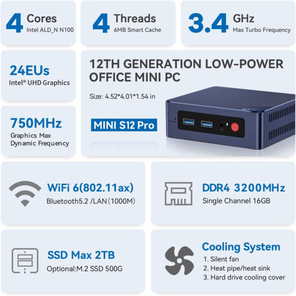 Beelink Mini PC, Mini S12 Pro Intel 12th N100(Up to 3.4GHz), 16GB DDR4 500GB M.2 SSD, Mini Desktop Computers Support 4K Dual HDMI Display/WiFi6/BT5.2/USB3.2/1000Mbps LAN/WOL Home/Office