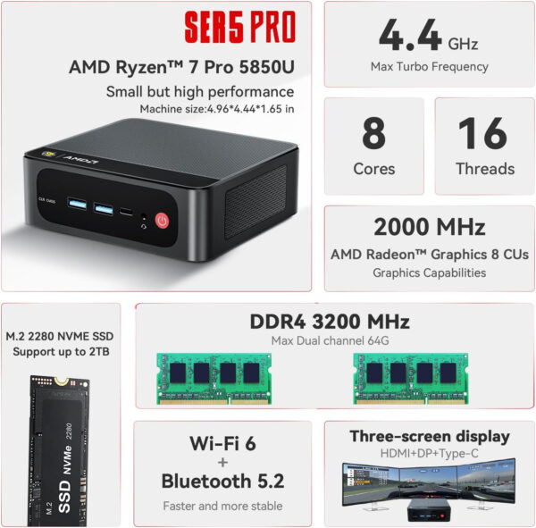 Beelink SER5 Pro Mini PC, AMD Ryzen 7 5850U(7nm, 8C/16T) up to 4.4GHz, Mini Computer 16GB DDR4 RAM 500GB NVME SSD, Micro PC 4K@60Hz Triple Display, Mini Gaming Computer WiFi6/BT5.2/54W/HTPC/W-11 Pro