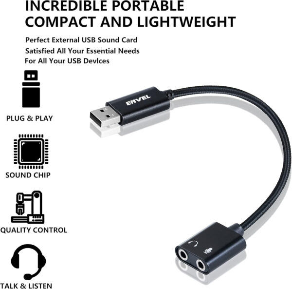 ENVEL USB to 3.5mm Audio Adapter,External Stereo Sound Card with Dual TRS 3-Pole 3.5mm Headphone and Microphone Jack for PS4/PS5/PC/Laptop, Built-in Chip Mic-Supported Headphone Adapter (Black Pro)