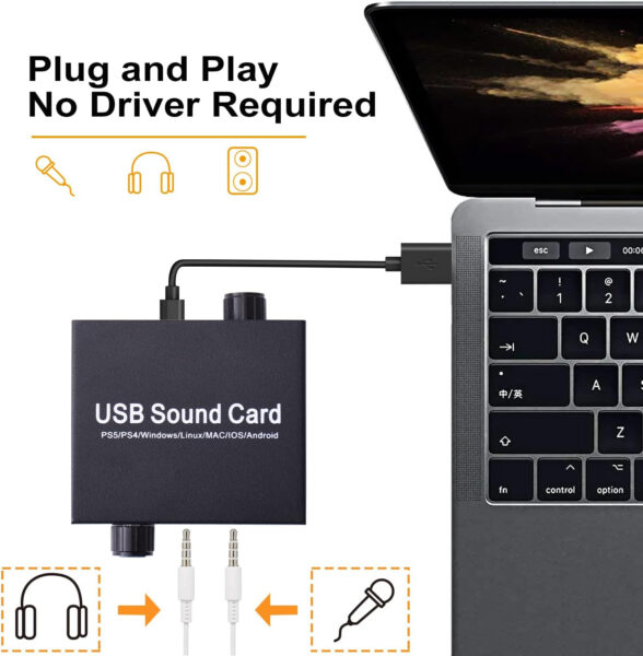 External Sound Card, Tendak USB Audio Adapter with Volume Output and Bass Adjustment, Stereo Sound Card with 3.5mm Microphone Port for Windows/Linux/MAC/iOS/Android System, PS5, Laptops, Desktops