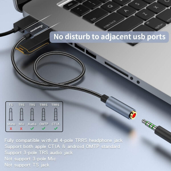 USB to 3.5mm Jack Audio Adapter, KOOPAO 2in1 External USB Sound Card, 3.5mm Aux to USB to Audio Jack Sound Adapter Support CTIA OMTP Headphone TRRS Jack for PC Windows 10 PS4 Laptop Mac