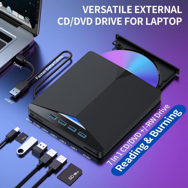 External CD/DVD Drive for Laptop, 7 in 1 USB 3.0 DVD Player Portable CD/DVD Burner, CD ROM External DVD Drive for Laptop Compatible with Laptop Desktop PC Windows 11/10/8/7 Linux Mac OS (Jet Black)